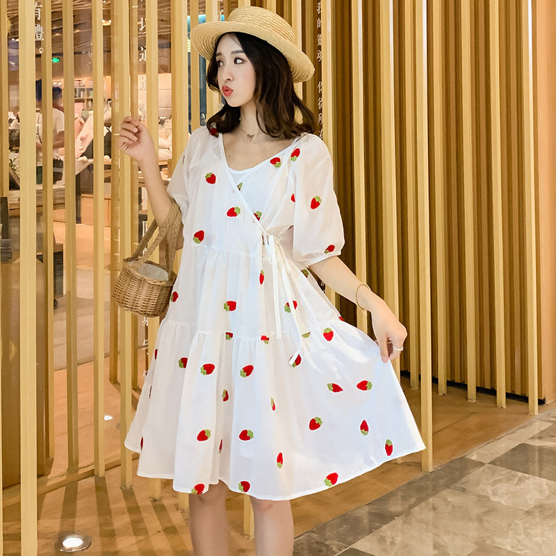 Strawberry Embroidered Puffy Maternity Dress