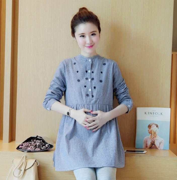 Maternity Dress Stand-up Collar Striped Embroidery