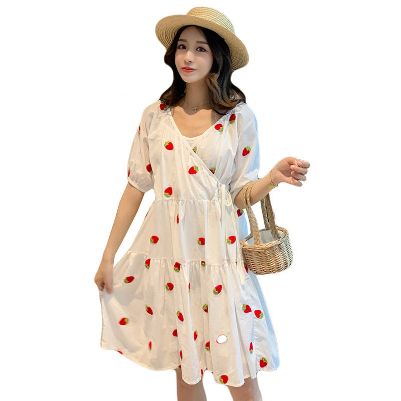 Strawberry Embroidered Puffy Maternity Dress