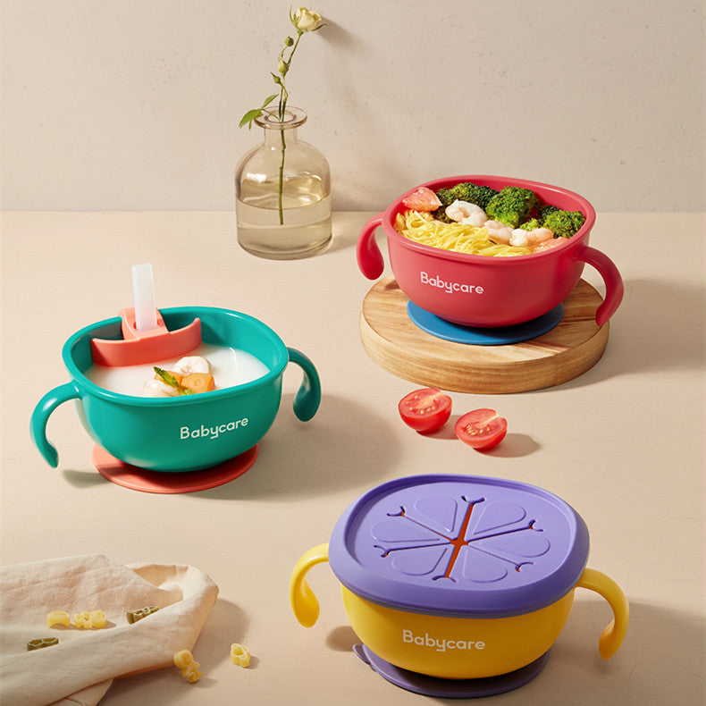 Baby 3-in-1 Feeding Bowl with Straw Suction Handle Tableware