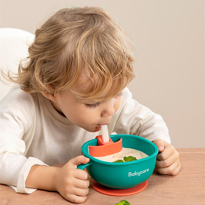Baby 3-in-1 Feeding Bowl with Straw Suction Handle Tableware