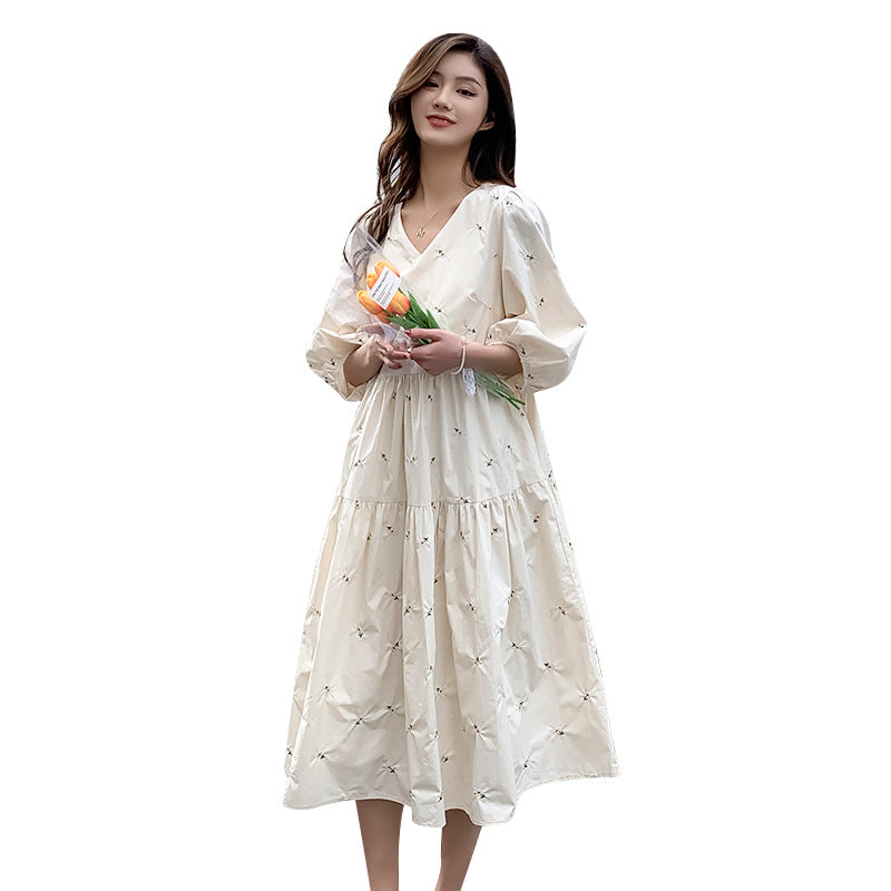 Summer Embroidered Mid-Length High-Waist Maternity Dress