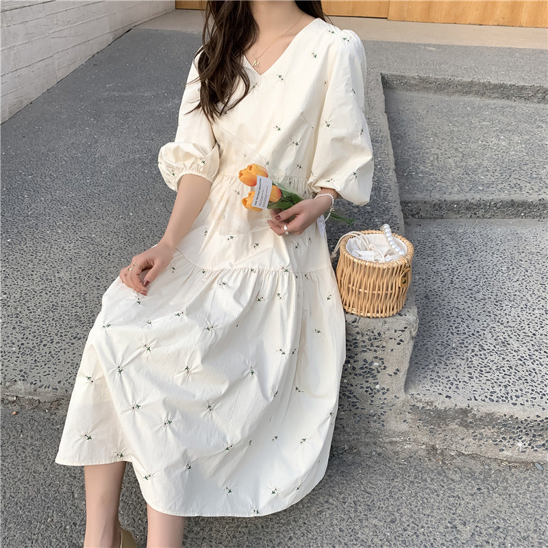 Summer Embroidered Mid-Length High-Waist Maternity Dress