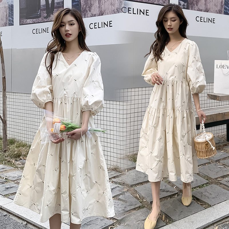 Summer Embroidered Mid-Length High-Waist Maternity Dress