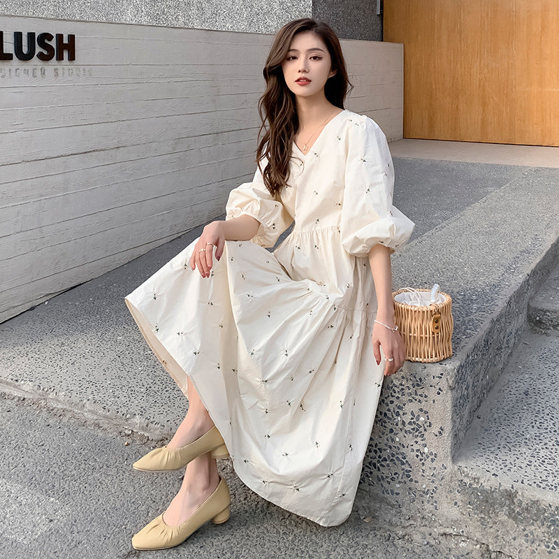 Summer Embroidered Mid-Length High-Waist Maternity Dress