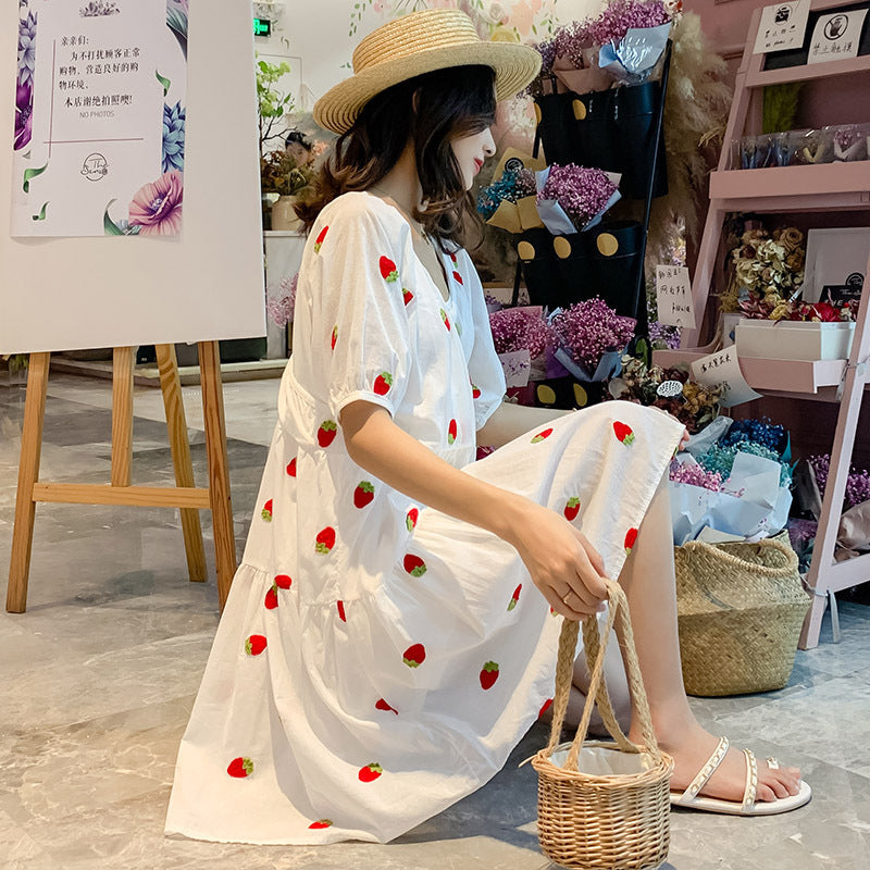 Strawberry Embroidered Puffy Maternity Dress