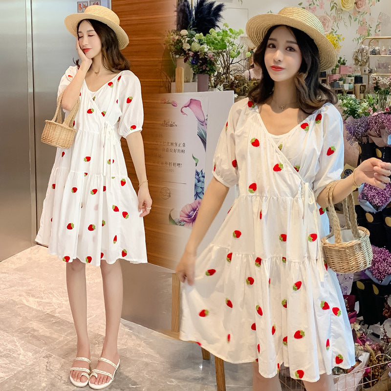 Strawberry Embroidered Puffy Maternity Dress