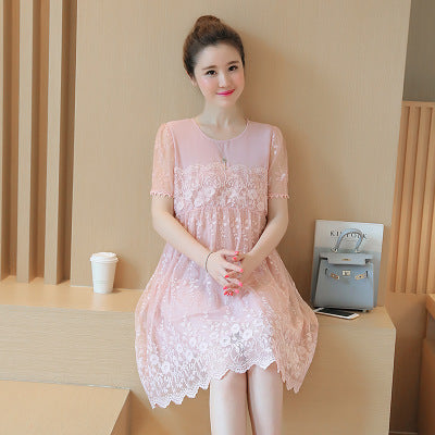 Summer Korean Lace Crochet Flower Maternity Dress for Pregnant Women