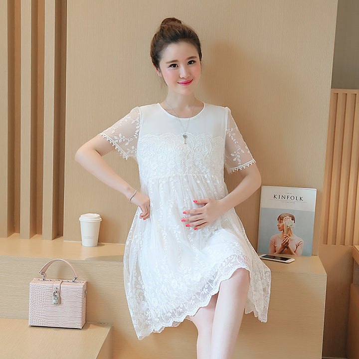Summer Korean Lace Crochet Flower Maternity Dress for Pregnant Women