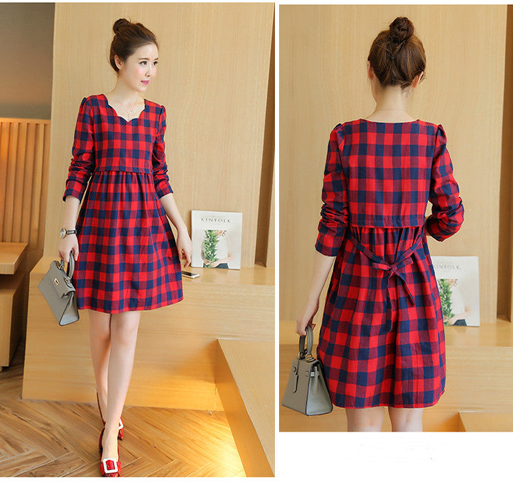 Cotton Plaid Mid-Length Maternity Dress