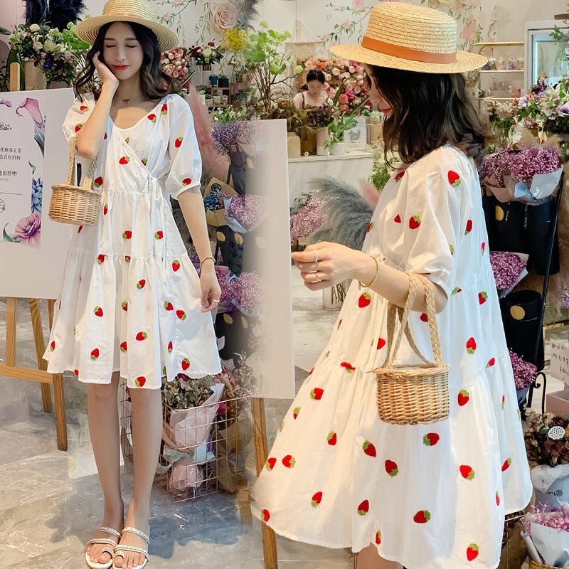 Strawberry Embroidered Puffy Maternity Dress