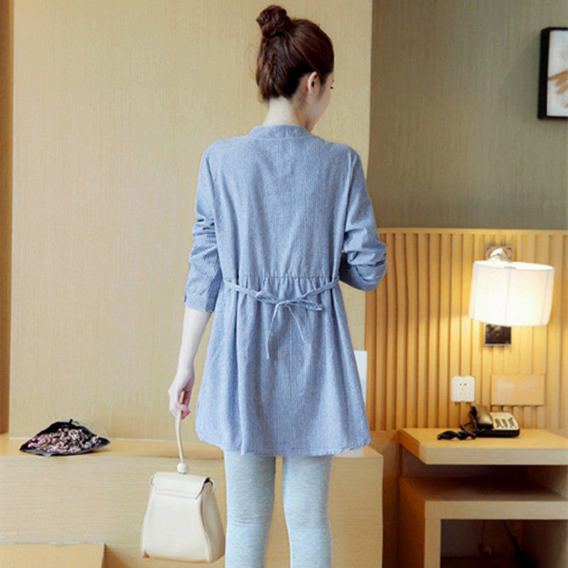 Maternity Dress Stand-up Collar Striped Embroidery