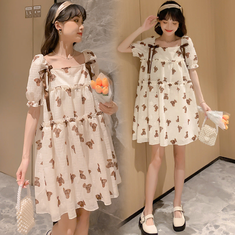 Thin Chiffon Printed Loose Mid-Length Maternity Dress