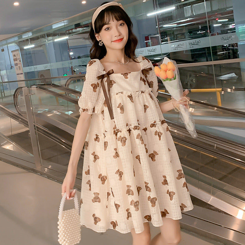Thin Chiffon Printed Loose Mid-Length Maternity Dress