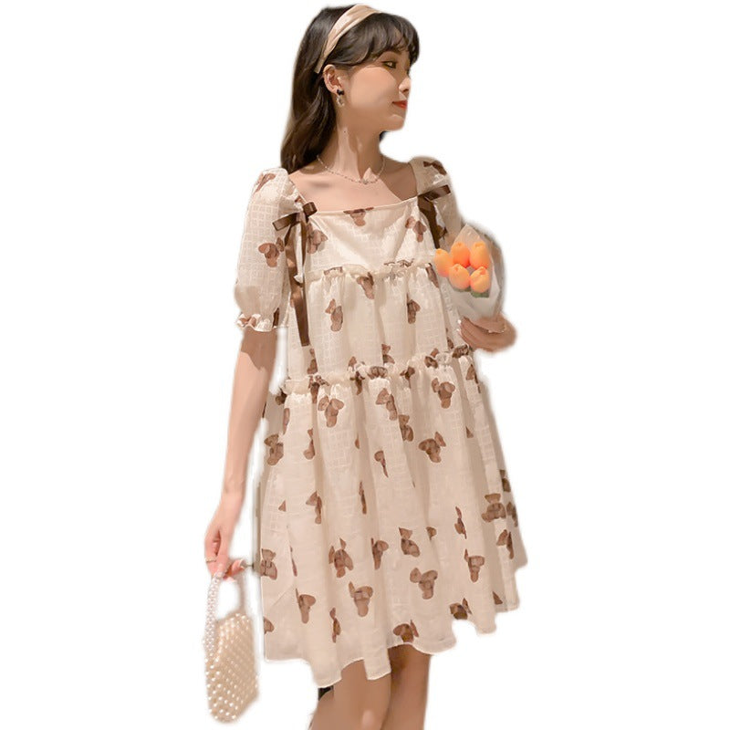 Thin Chiffon Printed Loose Mid-Length Maternity Dress