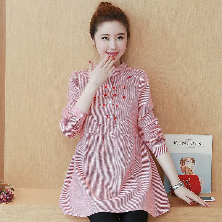Maternity Dress Stand-up Collar Striped Embroidery
