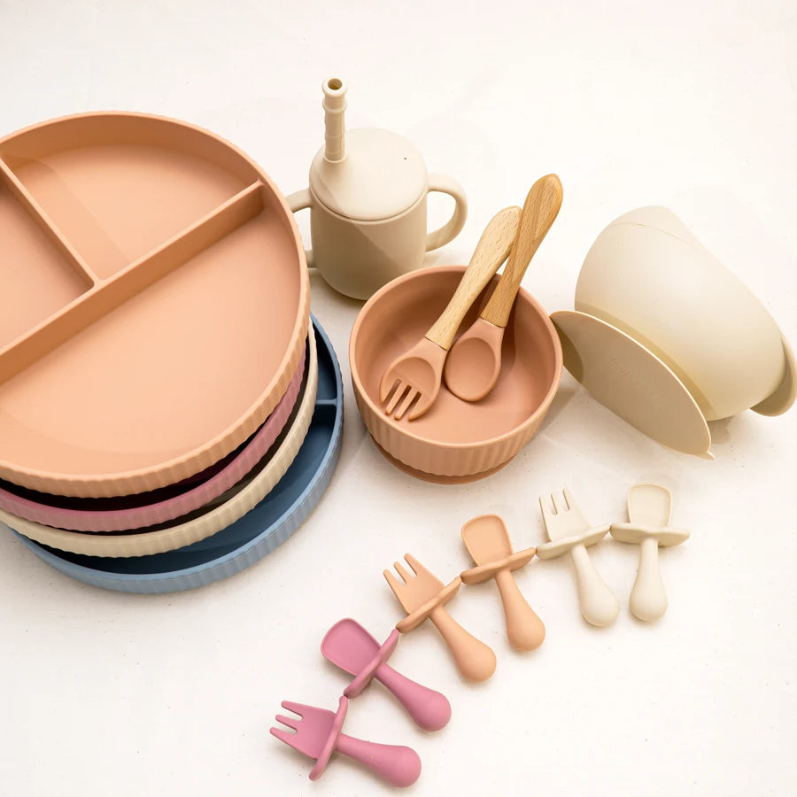 Baby Silicone Feeding Set Plate Bowl Cup with Fork and Spoon