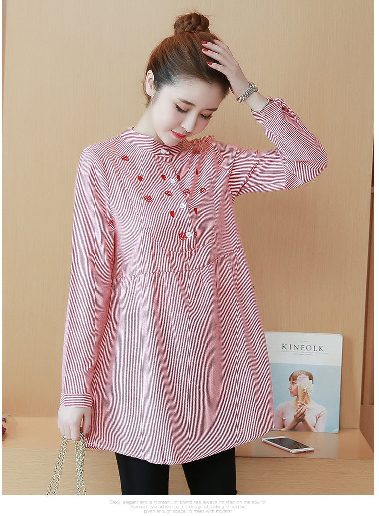 Maternity Dress Stand-up Collar Striped Embroidery