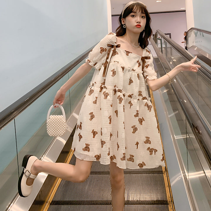 Thin Chiffon Printed Loose Mid-Length Maternity Dress