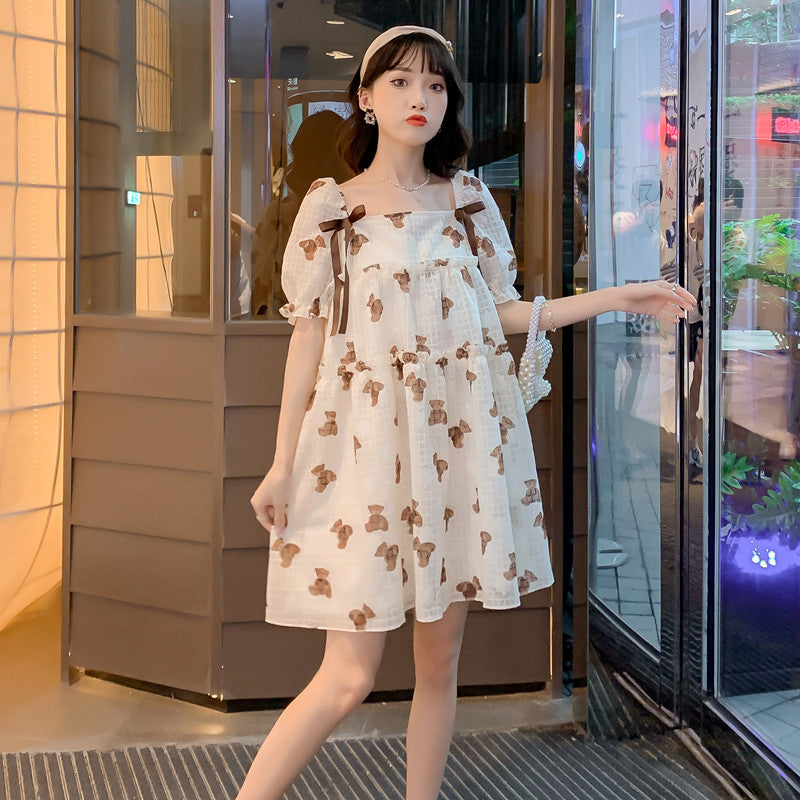 Thin Chiffon Printed Loose Mid-Length Maternity Dress